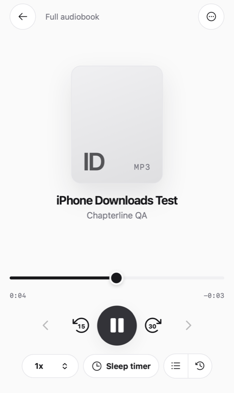 Hark's player running as an installed iPhone app: cover art, the book title, a
              position slider at four seconds, a large pause button, and controls for speed,
              sleep timer, chapters and history.